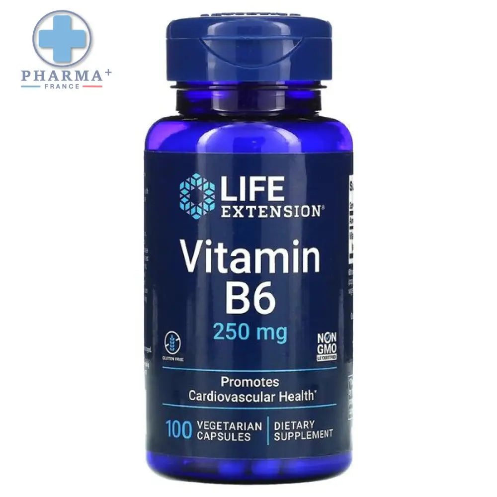 Bouteille bleue de life extension vitamine b6 250 mg contenant 100 capsules végétariennes extension vitamine