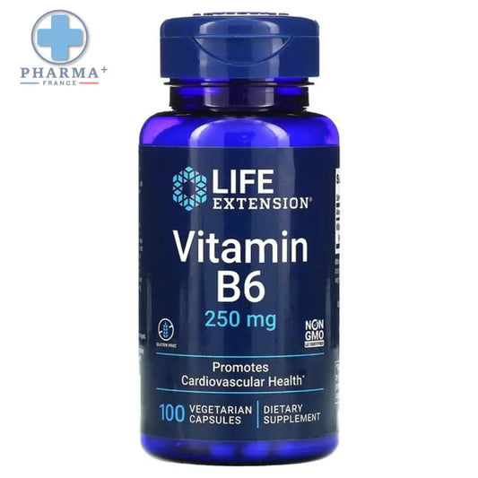 Bouteille bleue de life extension vitamine b6 250 mg contenant 100 capsules végétariennes extension vitamine