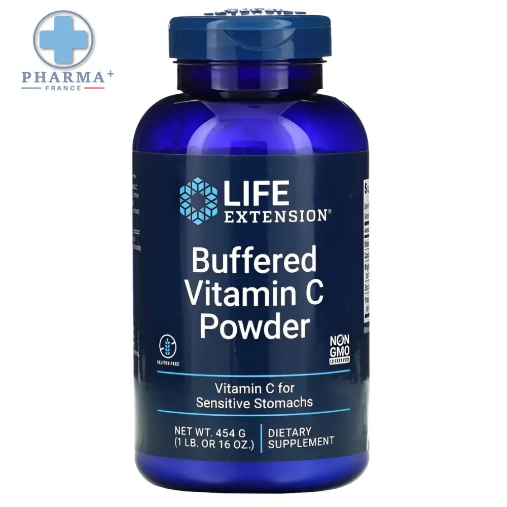 Bouteille bleue de life extension vitamin c buffered poudre tamponnée 454 g avec bouchon et étiquette bleu foncé