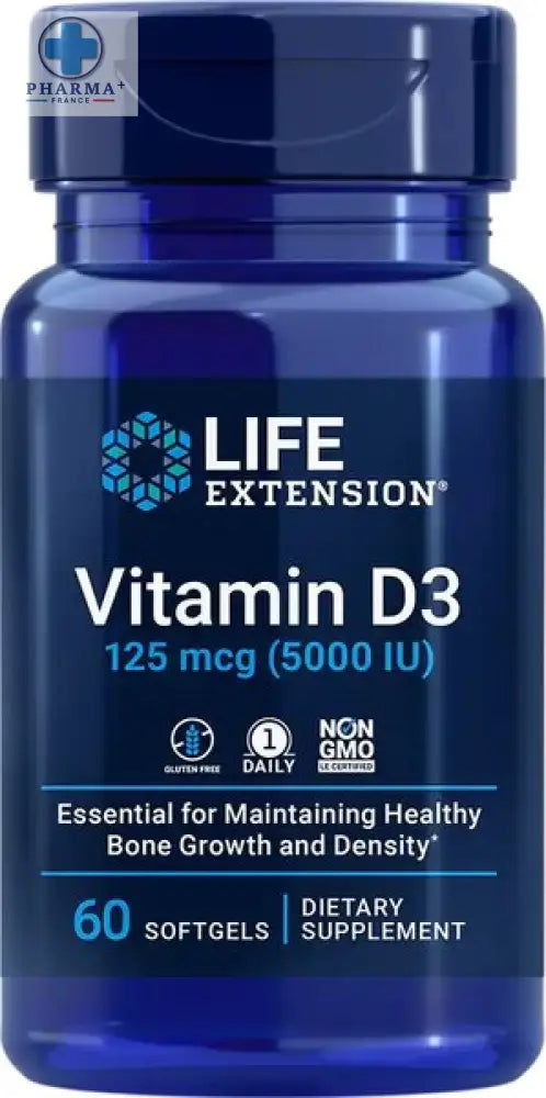 Bouteille bleue en plastique de life extension vitamine d3 complément alimentaire avec 60 capsules molles