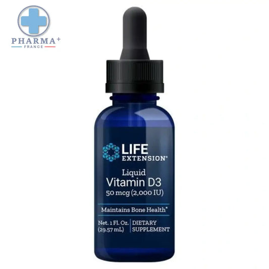 Bouteille en verre bleu foncé life extension extension liquide vitamine d3 50 mcg 2000 ui santé des os