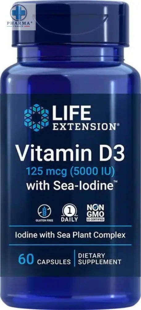 Bouteille en plastique bleu foncé life extension vitamine d3 avec sea-iodine complément alimentaire 60 unités