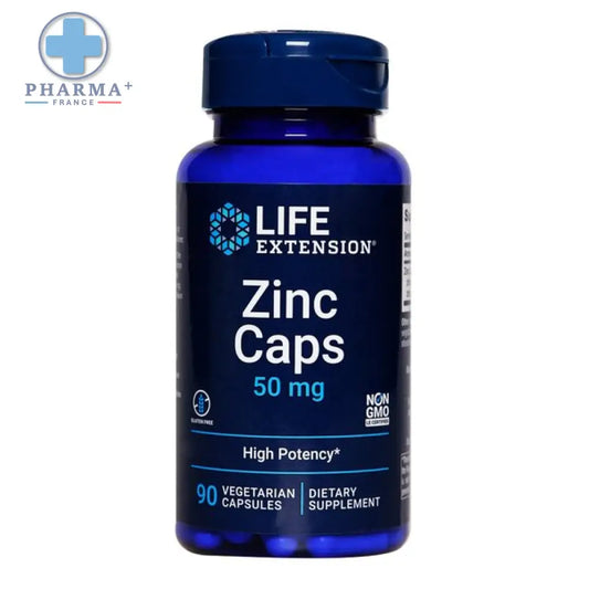 Bouteille bleue de compléments life extension zinc 50 mg contenant 90 gélules végétariennes