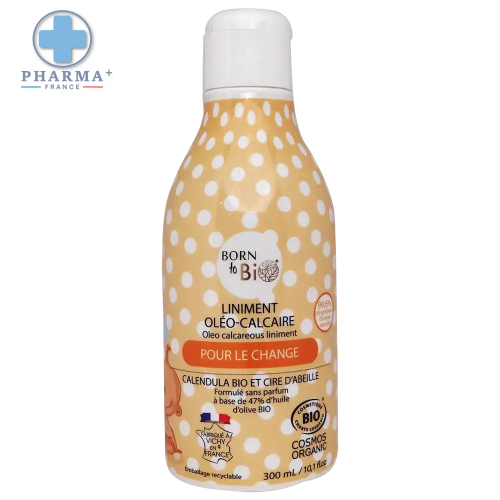 Flacon jaune à pois blancs de liniment oléo-calcaire certifié bio 300 ml à base dhuile dolive born to bio
