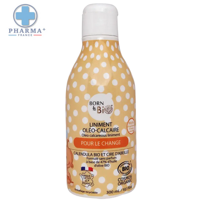 Flacon jaune à pois blancs de liniment oléo-calcaire certifié bio 300 ml à base dhuile dolive born to bio