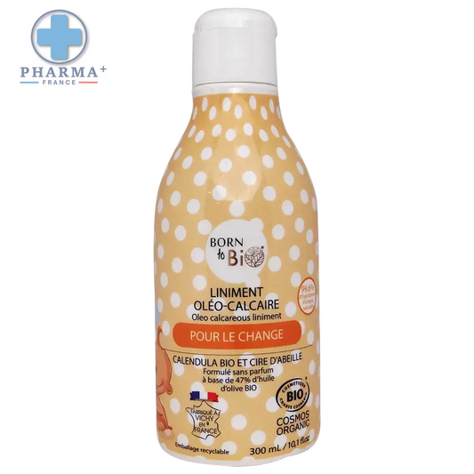 Flacon jaune à pois blancs de liniment oléo-calcaire certifié bio 300 ml à base dhuile dolive born to bio