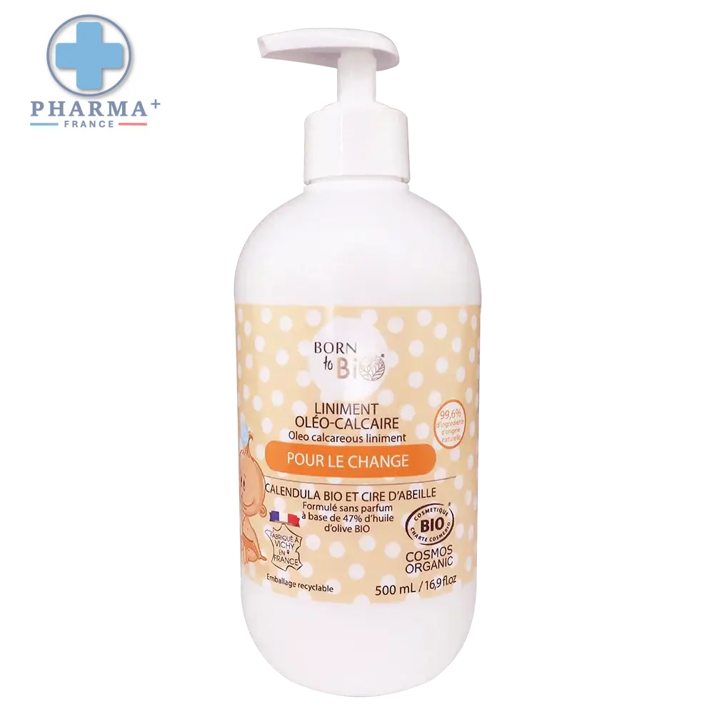 Flacon pompe blanc de liniment oléo-calcaire born to bio certifié bio avec base dhuile dolive et étiquettes beige à pois blancs