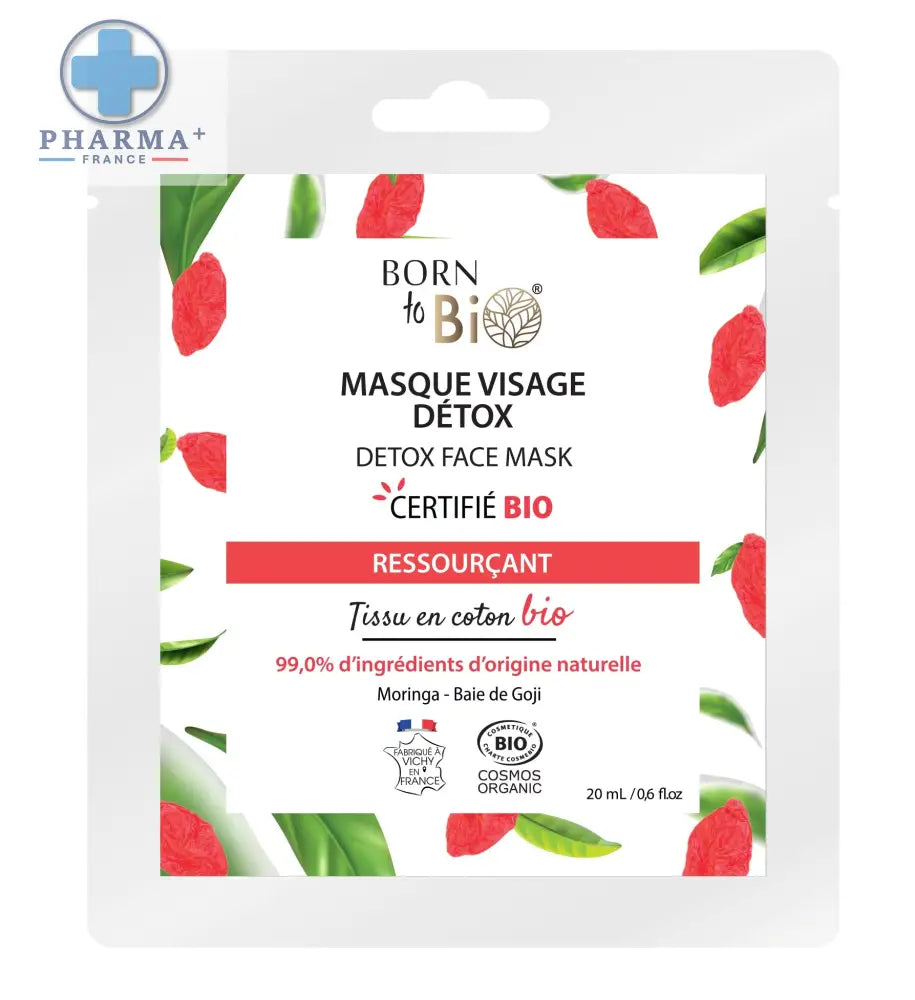 Masque visage détox born to bi en coton biologique avec emballage blanc et rouge et accents de feuilles vertes