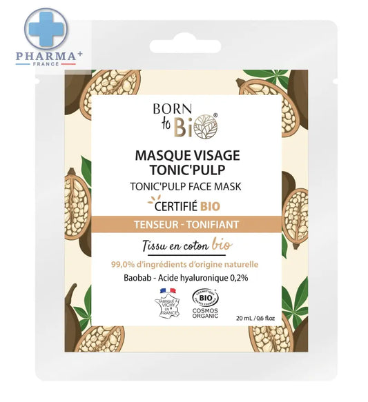 Masque visage tonic pulp certifié bio en tissu coton organique avec illustrations de gousses de baobab en beige et blanc