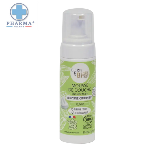 Bouteille blanche et vert clair de mousse de douche verveine citron bio born to biocitron avec pompe distributeur
