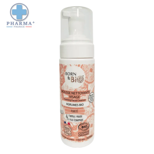Bottle blanc de mousse nettoyante visage agrumes bio born to bio avec étiquette florale rose et pêche