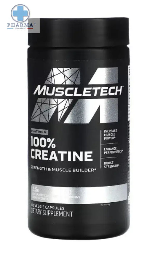 Conteneur noir muscletech platinum complément alimentaire destiné à la force 400 g avec logo géométrique argenté