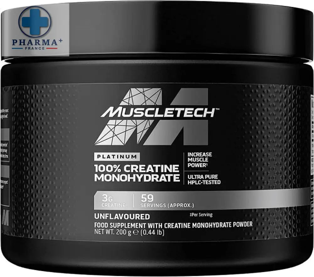 Muscletech platinum créatine monohydrate dans un pot noir élégant destiné aux sportifs 400 g