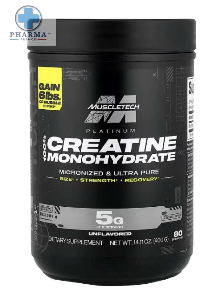 Contenant cylindrique noir de muscletech platinum créatine monohydrate pur sans arôme 400 g destiné aux sportifs