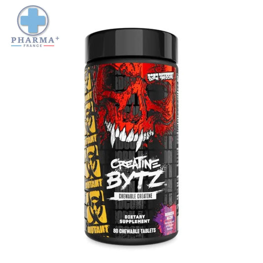 Conteneur cylindrique noir avec design de crâne rouge et noir et label mutant créatine bytz chewables pour 100 comprimés à croquer berried alive