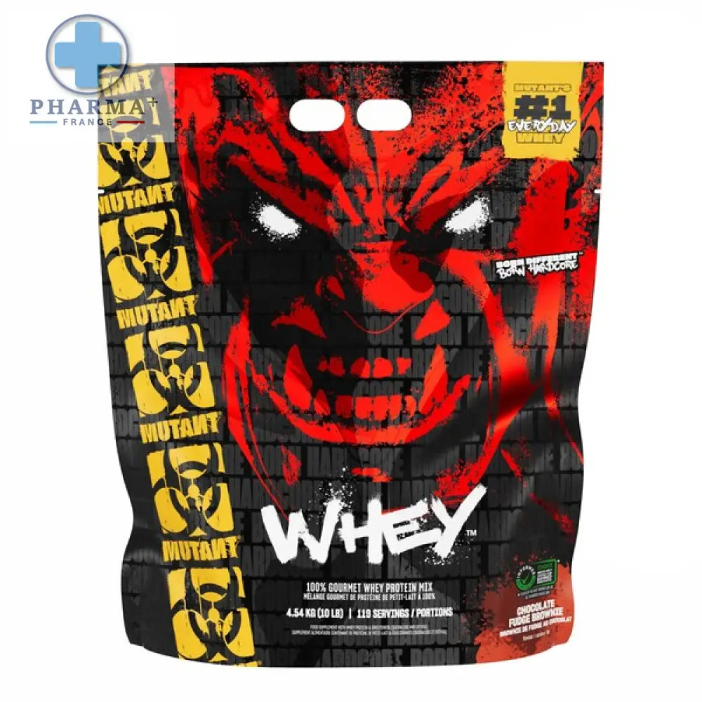 Red and black mutant whey protéine powder bag featuring a fierce face design in chocolate fudge brownie flavor 2.27 kg