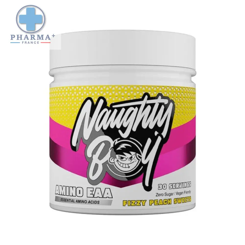 Naughty boy acides aminés fizzy peach sweets 390 g en pot blanc avec étiquette jaune et rose vif