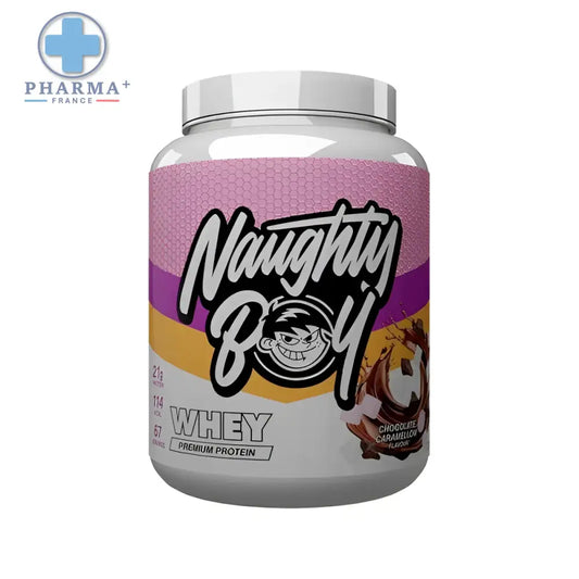 Naughty boy advanced protéine chocolat caramellow en poudre de whey caramel dans un pot blanc avec étiquette rose et violette