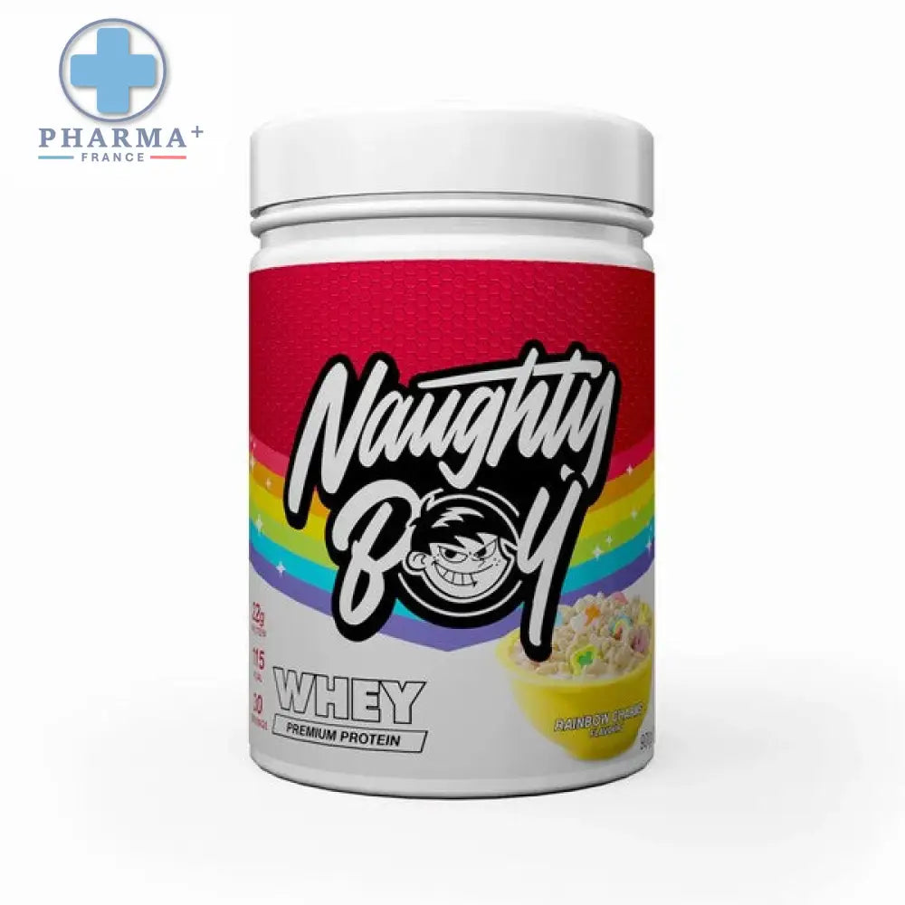 Pot de poudre whey protein naughty boy advanced rainbow charms 900 g avec étiquette rouge et motif arc-en-ciel