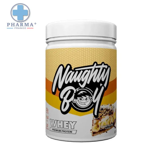 Naughty boy advanced protéine whey banoffee pie saveur banana bread en pot blanc avec étiquette jaune orange et mascotte cartoon
