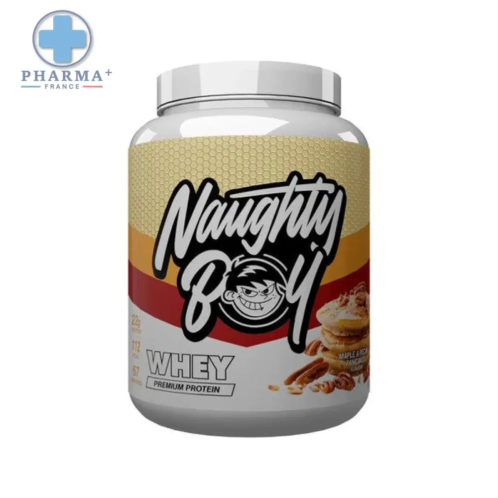 Pot de protéine whey naughty boy advanced saveur pecan pancakes avec étiquette à motif nid dabeille de 2 kg