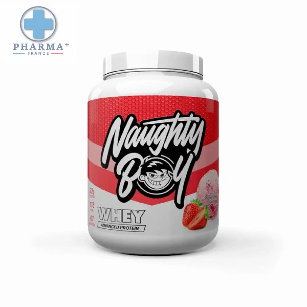 Naughty boy advanced protéine whey strawberry milkshake 900 g en pot rouge et blanc saveur fraise