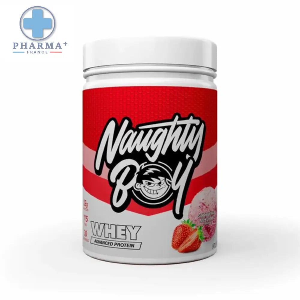 Pot de poudre de protéine whey rouge et blanc naughty boy advanced saveur strawberry milkshake 900 g