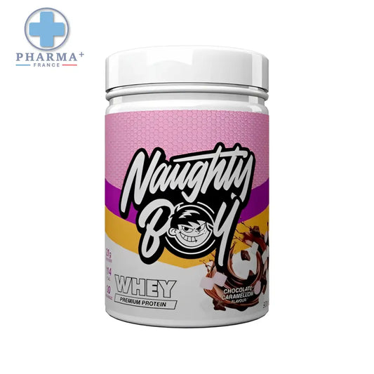Contenant rose et violet du naughty boy advanced whey chocolat caramellow protéine premium 900 g