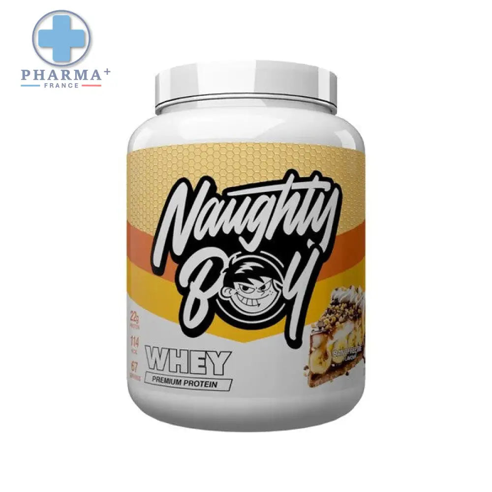 Naughty boy advanced whey protéine banoffee pie 2 kg en pot blanc avec étiquette jaune et orange mascotte cartoon