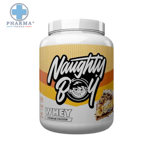 Naughty boy advanced whey protéine banoffee pie 2 kg en pot blanc avec étiquette jaune et orange mascotte cartoon