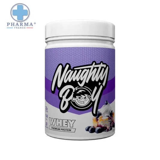 Contenant violet et blanc de naughty boy advanced whey protéine saveur blueberry cobbler de 2 kg