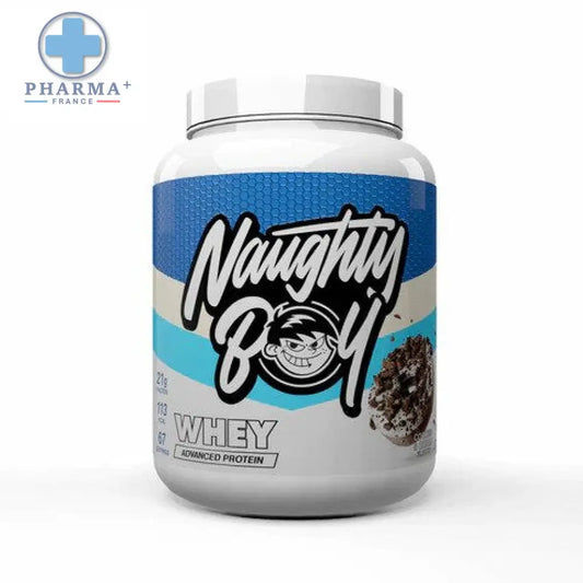 Naughty boy advanced whey protéine isolat et concentrée 2 kg en pot blanc avec étiquette bleu et gris et personnage cartoon