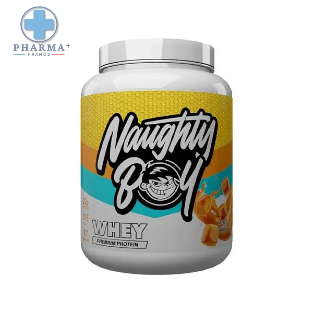 Naughty boy advanced whey protéine musculaire 900 g en pot blanc avec étiquette jaune et bleu et mascotte cartoon