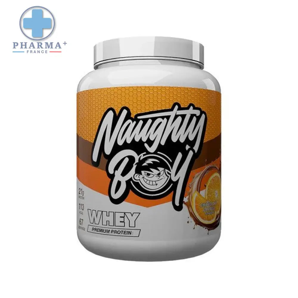 Naughty boy advanced whey protéine orange chocolat 2kg en poudre saveur chocolate orange en pot plastique blanc