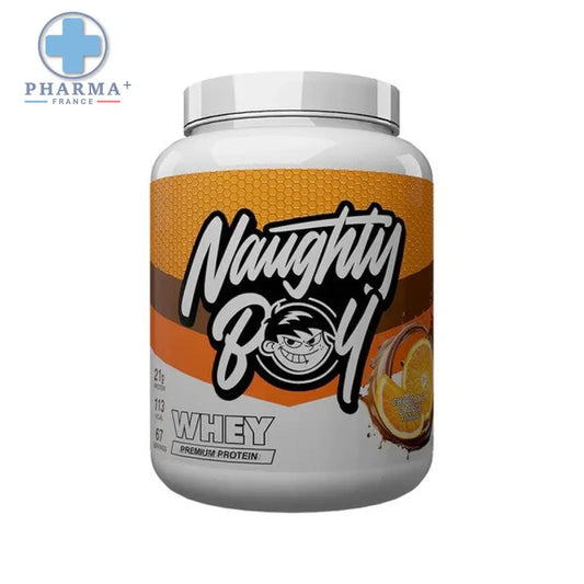 Naughty boy advanced whey protéine orange chocolat 2kg en poudre saveur chocolate orange en pot plastique blanc