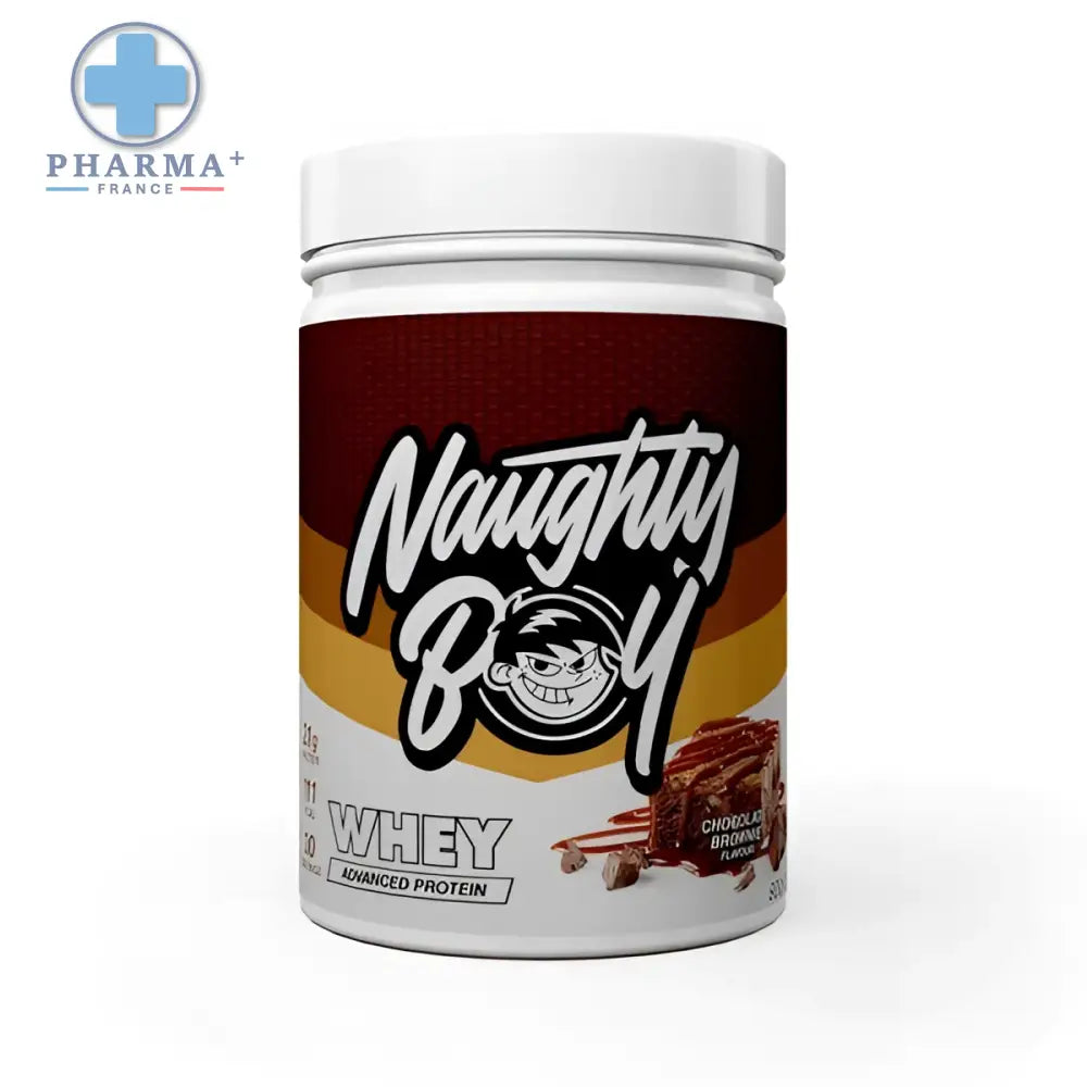 Contenant cylindrique blanc de naughty boy advanced whey protéine saveur brownie chocolat avec étiquette noire et blanche