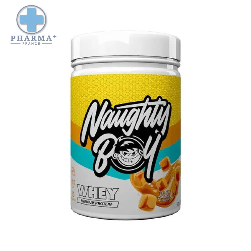 Naughty boy advanced whey protéine saveur caramel 900 g en pot blanc avec étiquette jaune et bleu turquoise