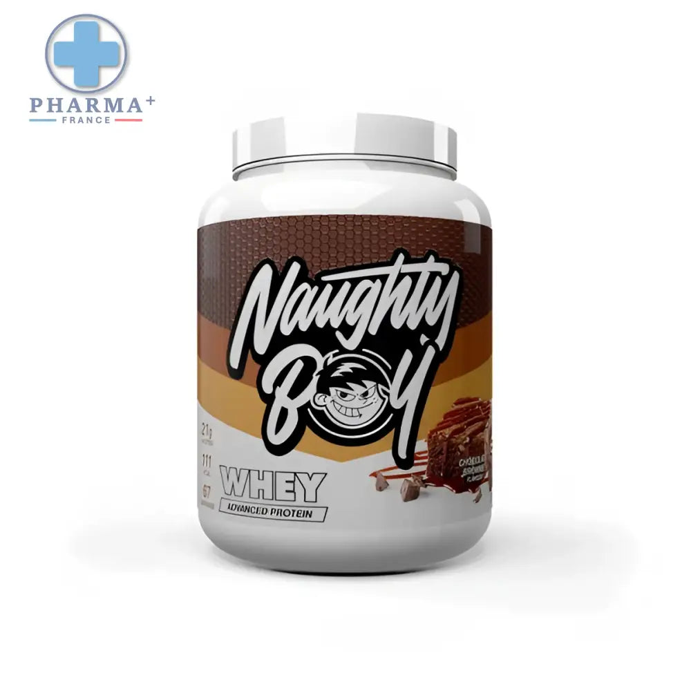 Naughty boy advanced whey protéine 900 g en pot blanc avec étiquette marron orange saveur chocolat