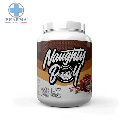 Naughty boy advanced whey protéine 900 g en pot blanc avec étiquette marron orange saveur chocolat