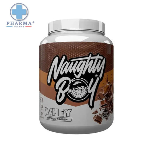 Naughty boy advanced whey protéine triple chocolate 900 g en pot blanc et marron avec motifs de pépites de chocolat