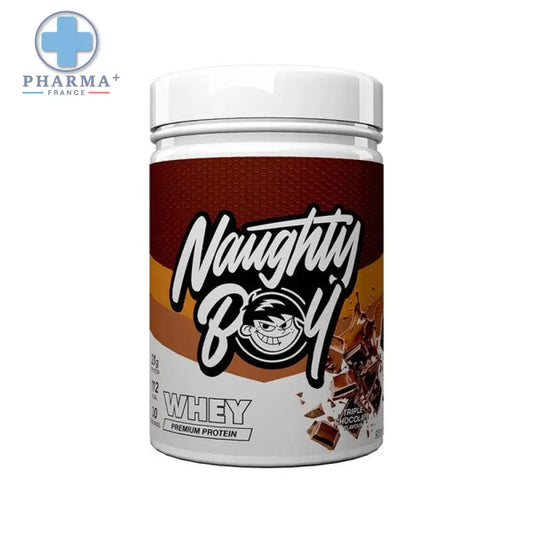 Naughty boy advanced whey protéine triple chocolate 900 g en pot blanc et marron avec motifs de pépites de chocolat