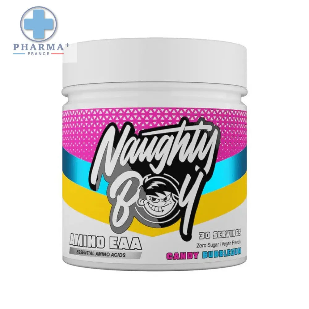 Naughty boy amino acides candy bubblegum pot blanc en plastique avec étiquette rayée rose bleu jaune et logo personnage