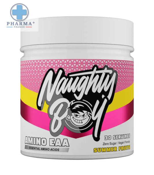 Un pot vibrant rose et jaune de naughty boy amino compléments eaa saveur summer fruits pour performance sportive