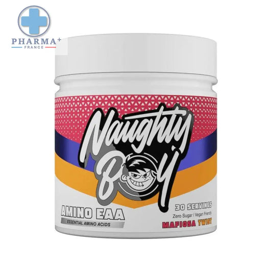 Conteneur blanc en plastique avec étiquette colorée naughty boy mafiosa twist amino eaa acides aminés essentiels 390 g