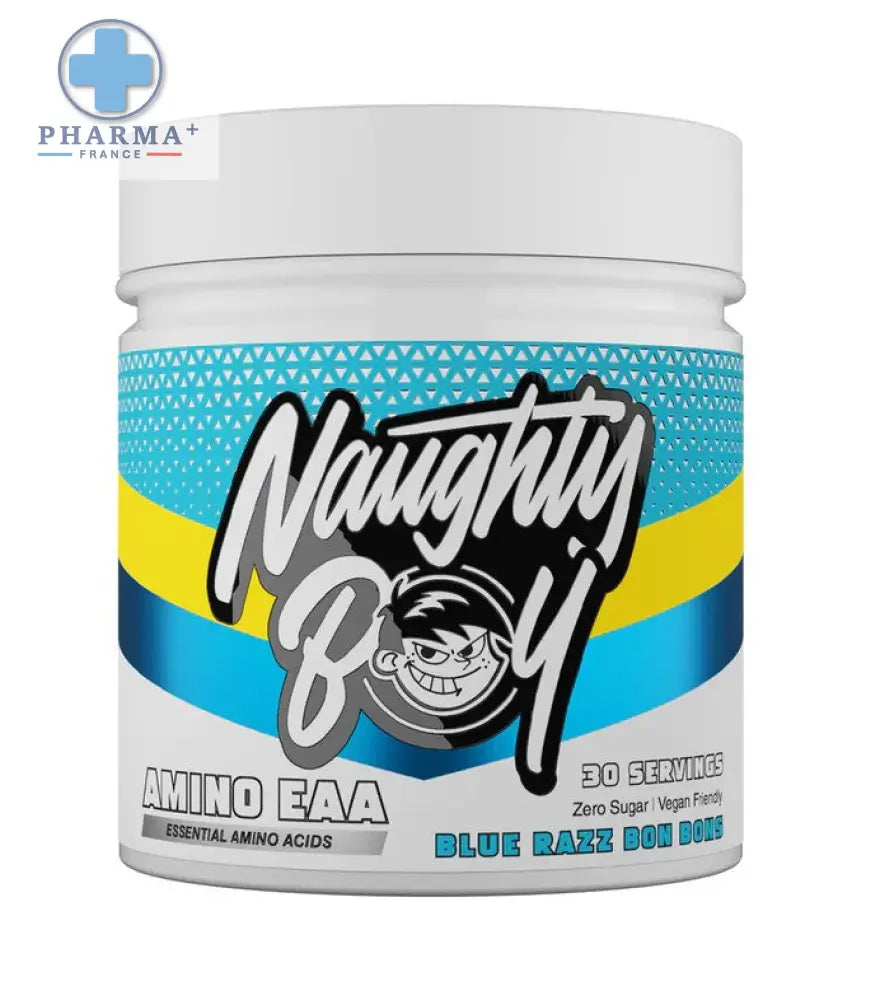 Contenant en plastique blanc avec étiquette bleu jaune et noir pour naughty boy amino eaa saveur blue razz bon bons 390 g
