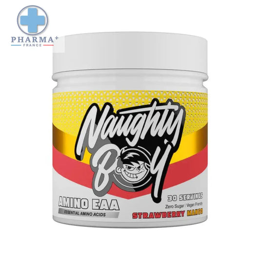 Conteneur plastique blanc naughty boy avec étiquette jaune rouge noire amino eaa saveur strawberry mango 390 g