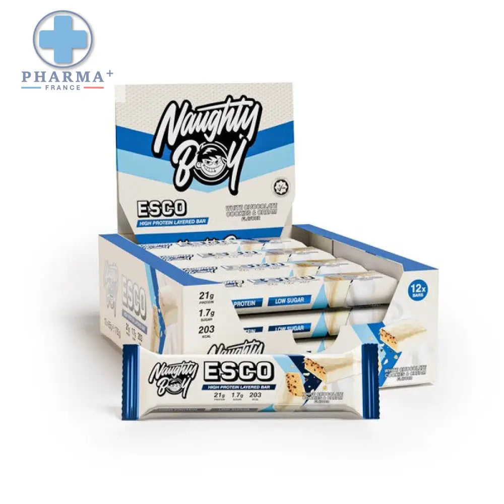 Bar protéinée naughty boy esco haute en protéines saveur white chocolate cookies en emballage blanc et bleu