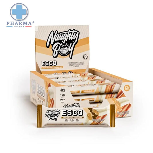 Naughty boy barre protéinée white chocolate peanut en emballage doré et beige pour collation saine de 60 g