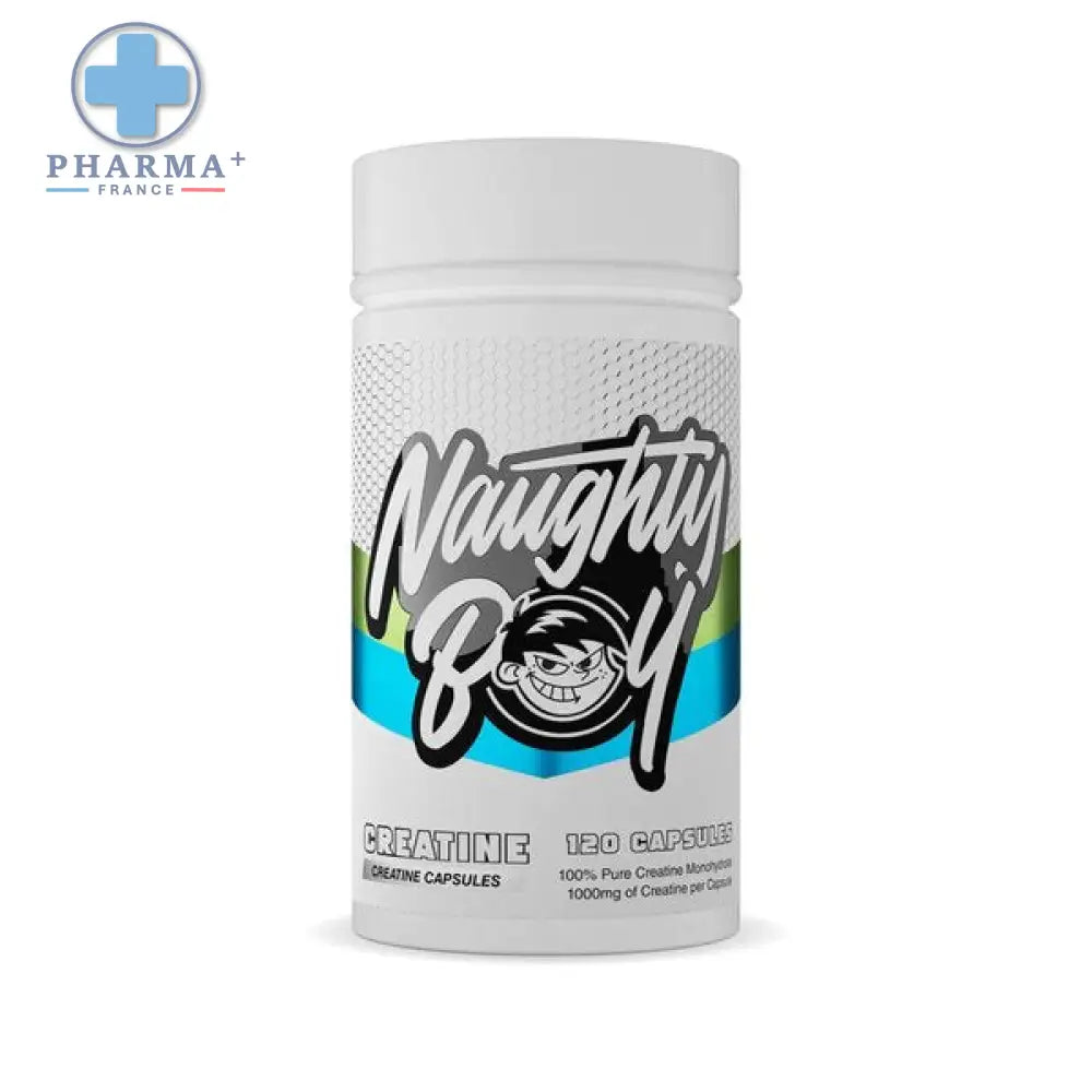 Bouteille blanche en plastique du complément performance naughty boy créatine avec logo cartoon noir et blanc et rayures vertes et bleues