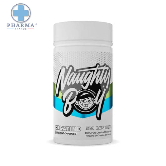 Bouteille blanche en plastique du complément performance naughty boy créatine avec logo cartoon noir et blanc et rayures vertes et bleues